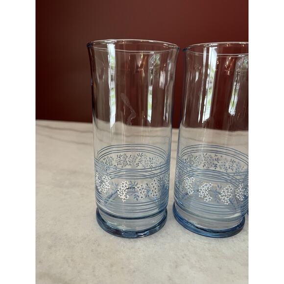 Libbey Blue Tumbler Glasses White Flowers Stripes 16 OZ Set of 3 vtg - Picture 2 of 8
